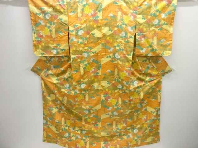 JAPANESE KIMONO / SILK / HAND WOVEN TSUMUGI / CARRIAGE & FLORAL PLANTS